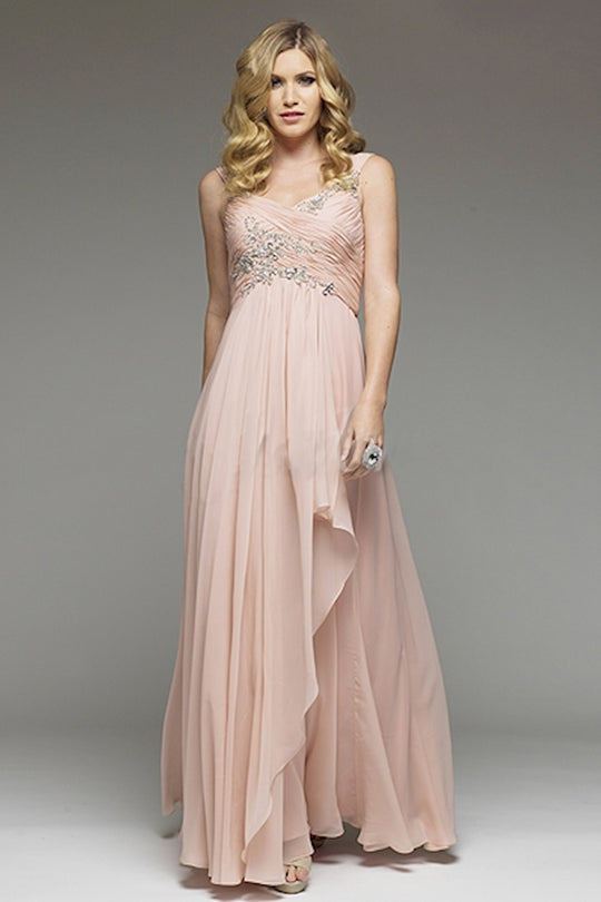 Jadore - J2038 Applique Ruched Chiffon A-line Dress In Pink