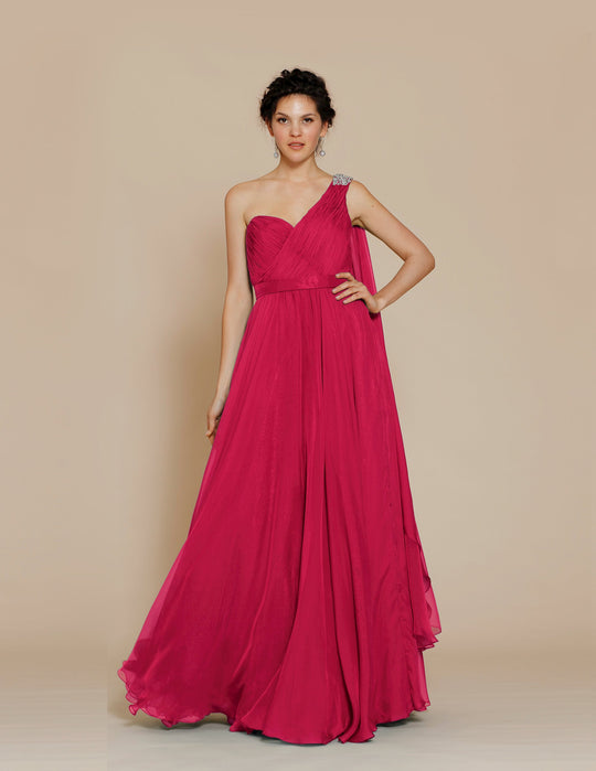 Jadore - J2042 Embellished One Shoulder Ruched Chiffon A-line Dress In Pink