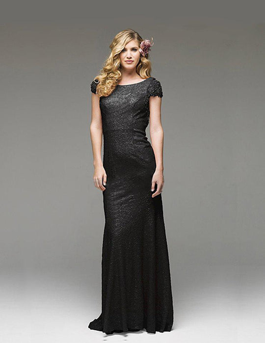 Jadore - J3021 Sequined Bateau Trumpet Dress In Black
