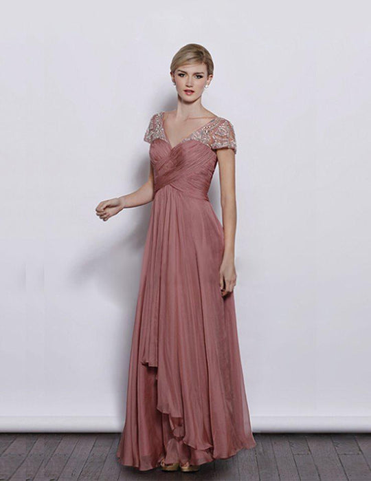 Jadore - J3053 Jeweled Short Sleeve Crisscross Long Dress In Pink