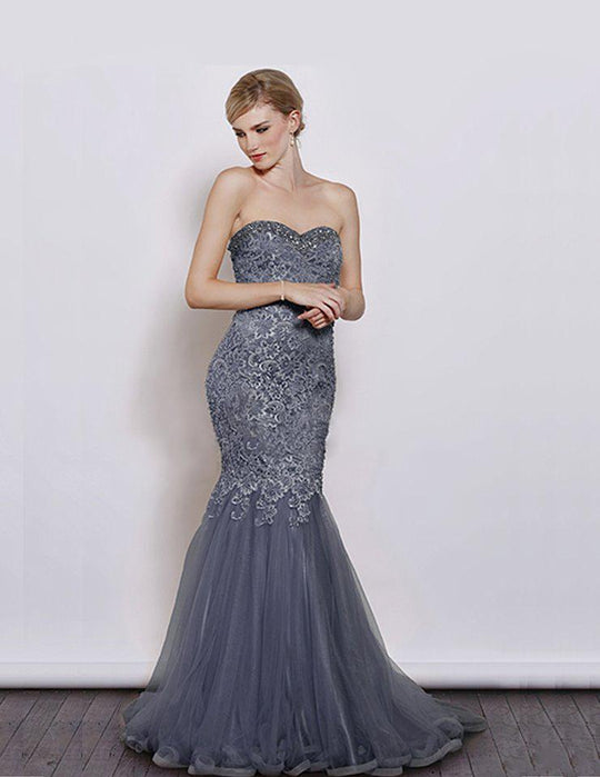 Jadore - J3059 Strapless Beaded Lace and Tulle Long Gown In Gray and Silver