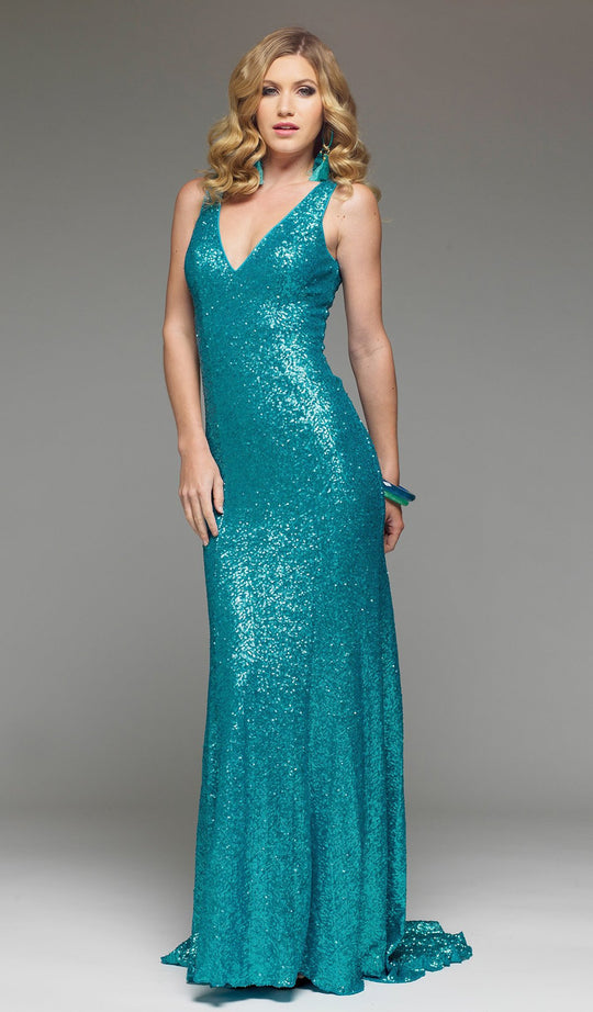 Jadore - J4023 Sequined Deep V-neck Trumpet Dress With Train In Blue and Green