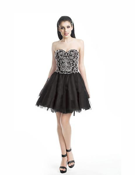 Jadore - J5058 Pearl Beaded Strapless A-line Dress In Black