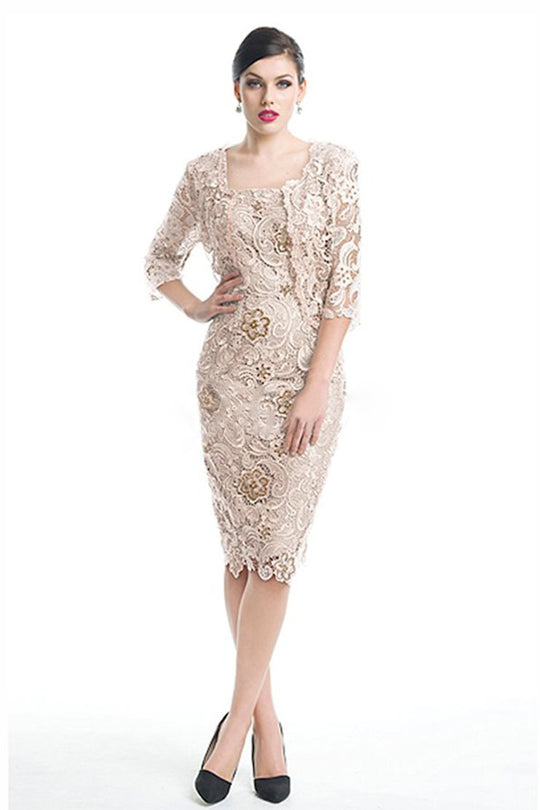 Jadore - J5069 Lace Knee Length Sheath Dress With Jacket In Nude