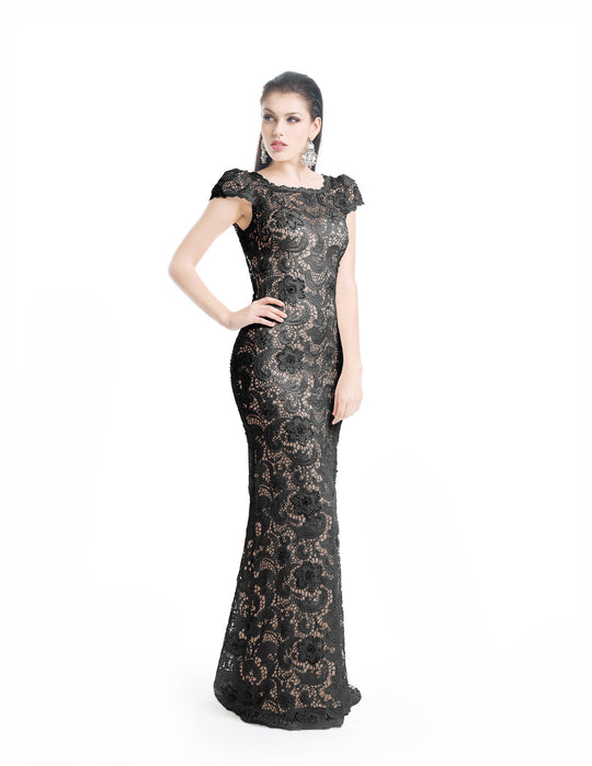 Jadore - J5085B Lace Bateau Trumpet Dress With Train In Black and Nude