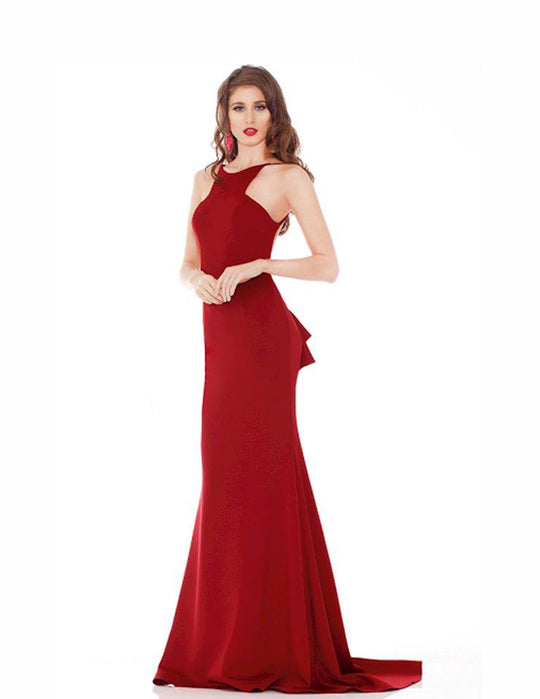 Jadore - J6015L Ruffle Accented Cut-In Halter Trumpet Gown In Red