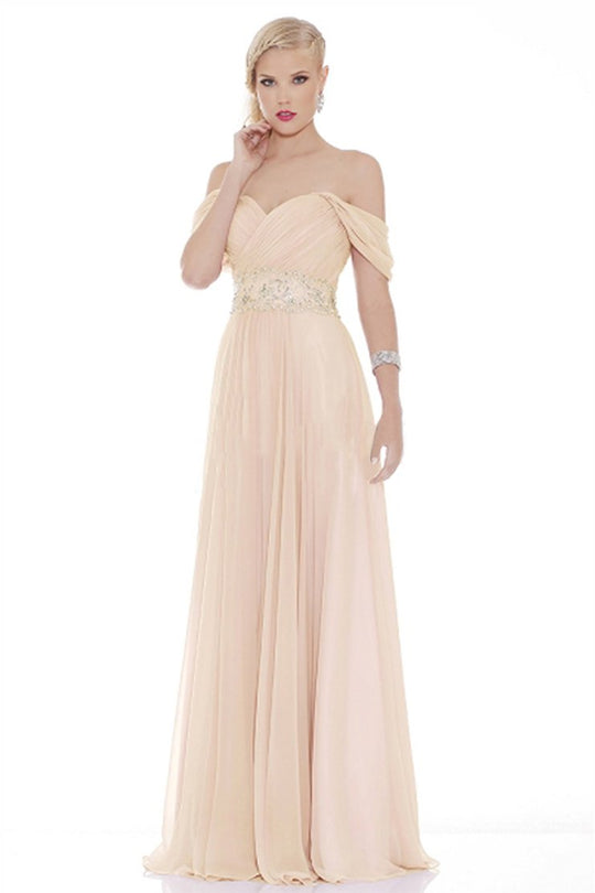 Jadore - J6068 Draped Jeweled Empire Waist Long Dress In Pink
