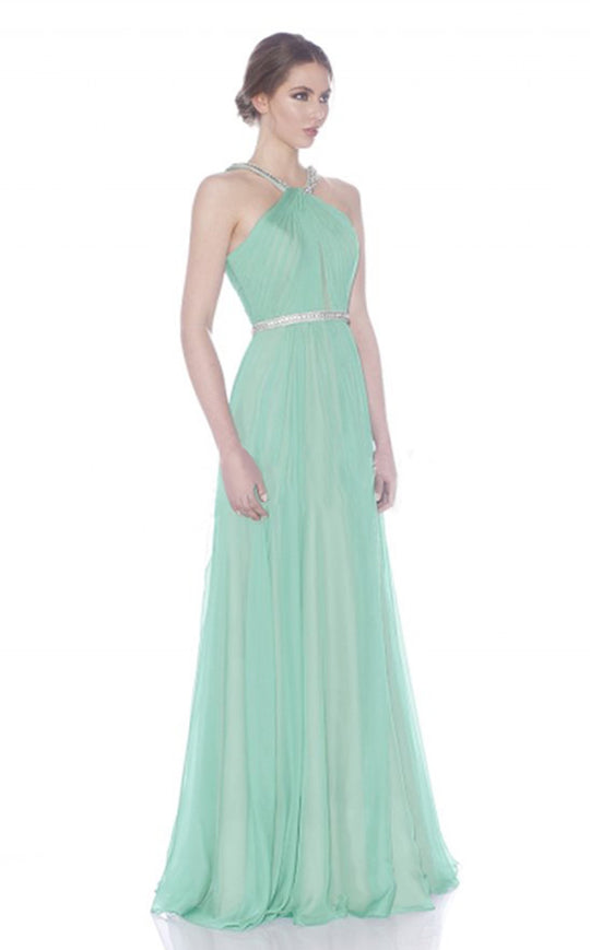 Jadore - J7019 Crystal Embellished Halter Chiffon A-line Dress In Green