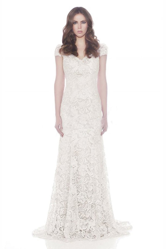 Jadore - J7109 Cap Sleeve Lace V-Neck Long Gown In White
