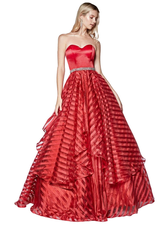 Cinderella Divine - J774 Embellished Strapless Striped Ballgown In Red