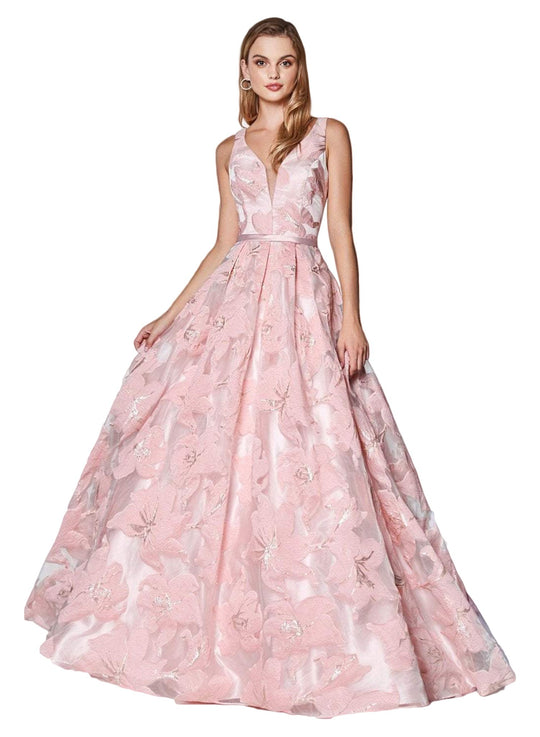 Cinderella Divine - J777 Floral Detailed Deep V-neck Ballgown In Pink