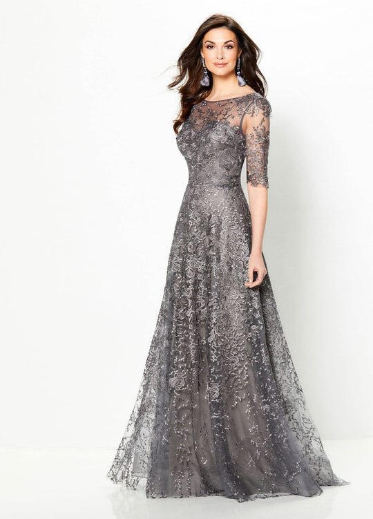 Montage by Mon Cheri - 219976W Embroidered Illusion Bateau A-line Gown In Gray