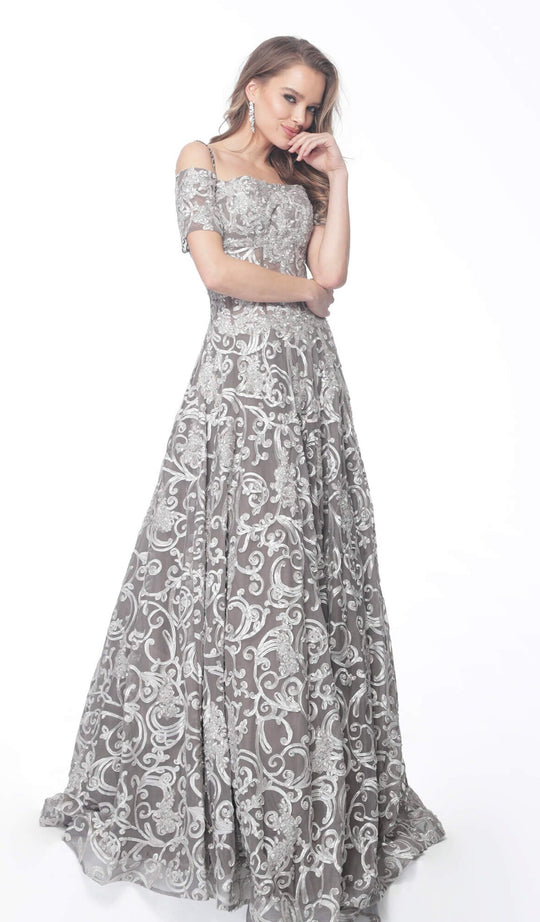 Jovani - 61476 Embroidered Off-Shoulder Ballgown In Gray