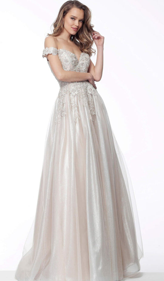 Jovani - 60698 Embroidered Plunging Off-Shoulder Ballgown In Neutral