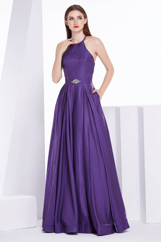 Jadore - J14039 Embellished Plunging V-neck Mikado A-line Dress In Purple
