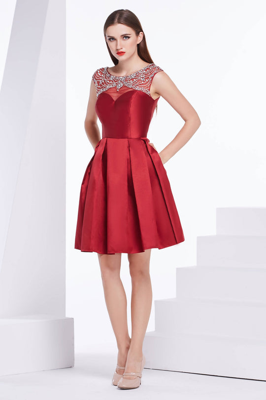 Jadore - J14082 Beaded Scoop Neck Mikado A-line Dress In Red
