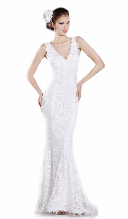 Jadore - J6057 Lace Plunging V-neck Trumpet Dress In White