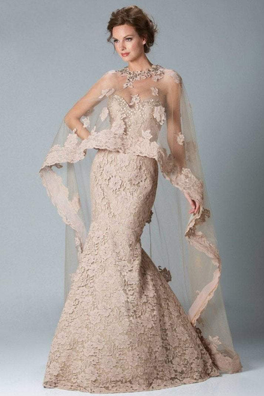 Janique - Elegant Beaded Sweetheart Floral Lace Mermaid Gown And Cape JQ3329 in Neutral