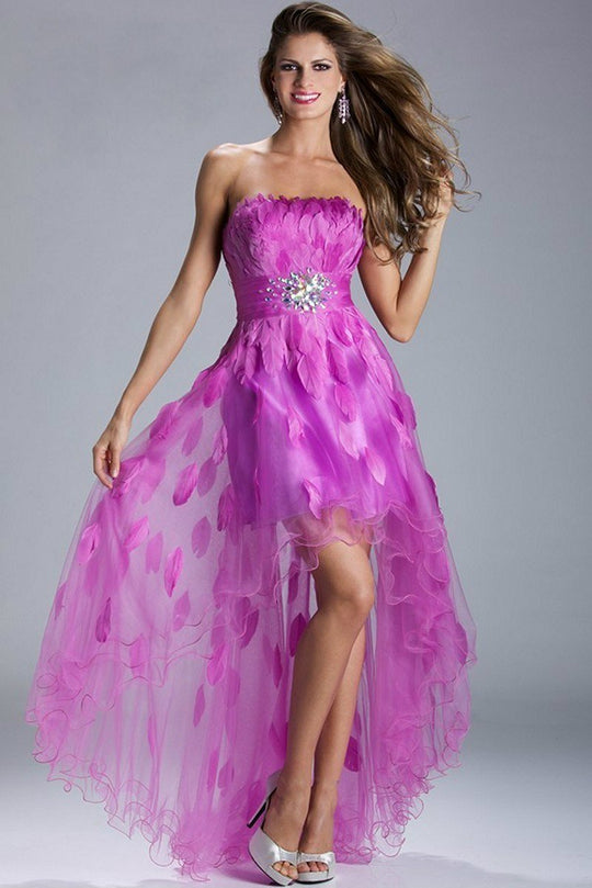 Janique N3389 High-Low Strapless Straight Tulle And Feather Dress in Purple