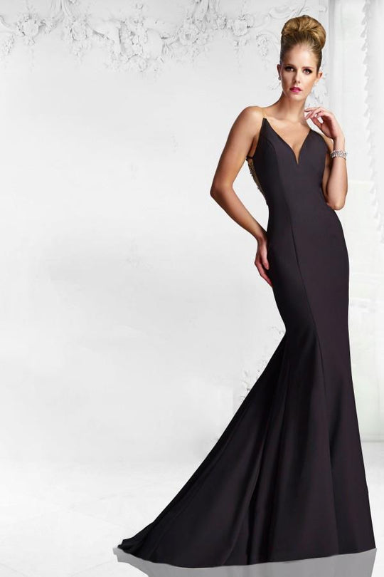 Janique - Sleeveless V-Neck Stretch Crepe Gown With Lace and Bead Embellished Illusion Back W988 In Black