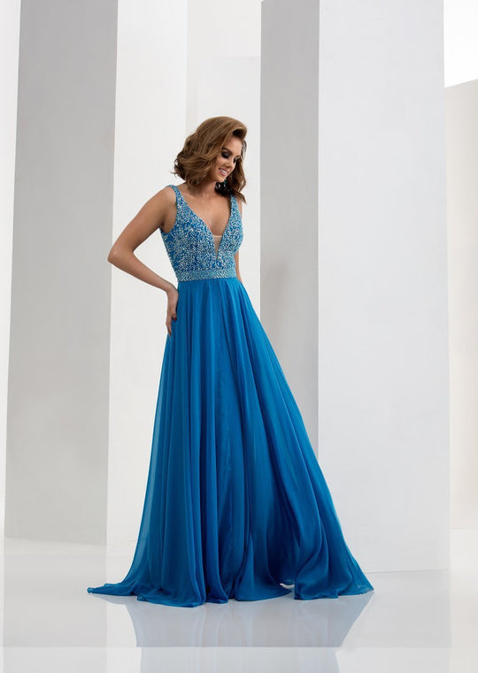 Jasz Couture - Bead-Crusted Chiffon Gown 5642 in Blue