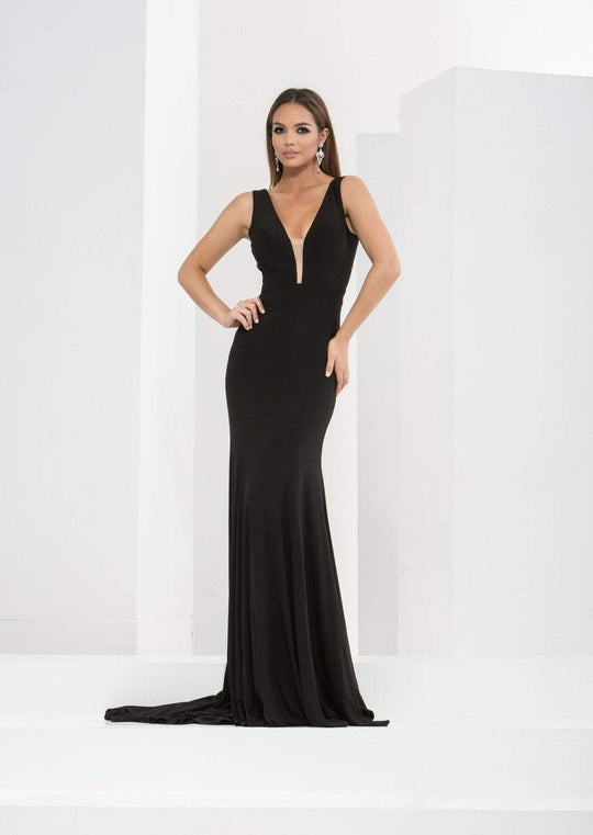 Jasz Couture - Jersey V-Neck Trumpet Dress 5649 in Black