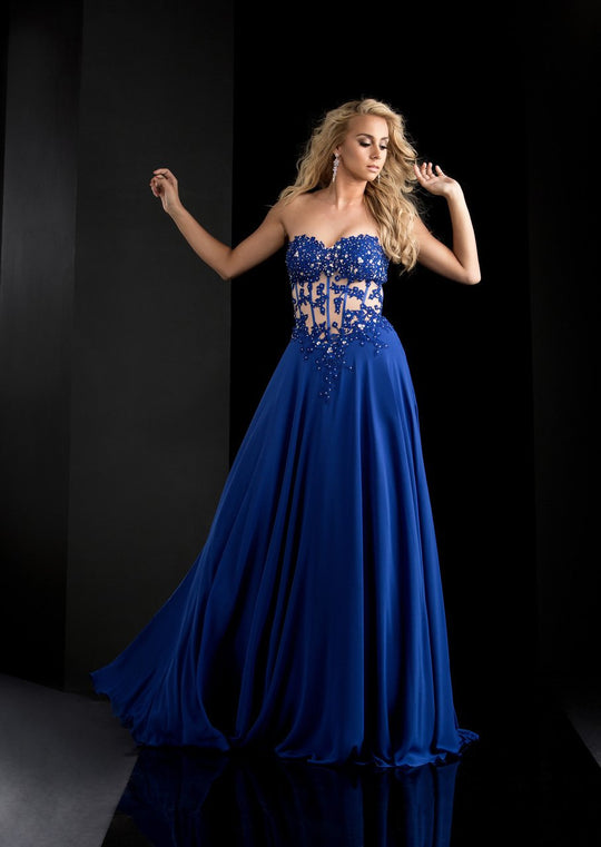 Jasz Couture - Strapless Lace Applique Gown 5813 in Blue