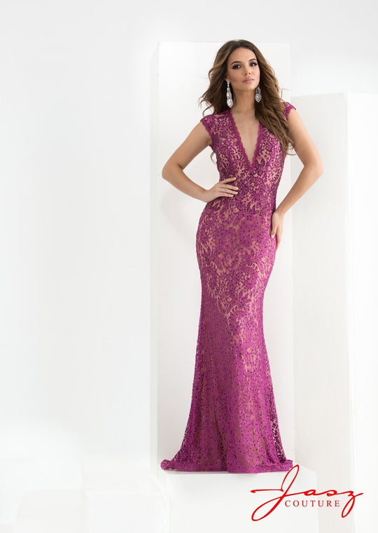 Jasz Couture - Lace Cap Sleeves Long Gown 5816 in Purple