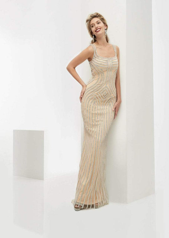 Jasz Couture - Beaded Square Neck Dress 5919 in Neutral