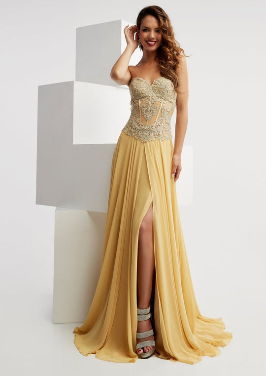 Jasz Couture - Appliqued Corset Gown 6019 in Gold