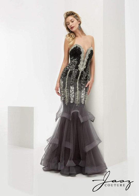Jasz Couture - Plunging Sweetheart Mermaid Gown 6104 in Black and Silver