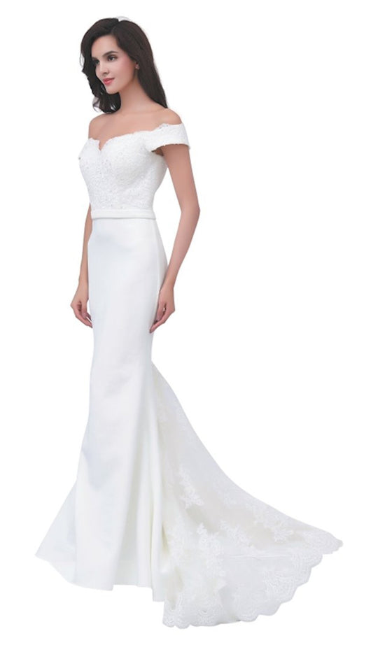 Jadore - JC8033 Lace Off-Shoulder Neoprene Trumpet Dress In White