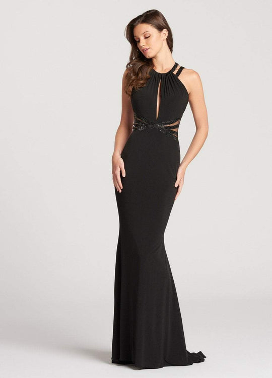 Ellie Wilde - EW118137 High Halter Illusion Cutout Jersey Sheath Gown In Black
