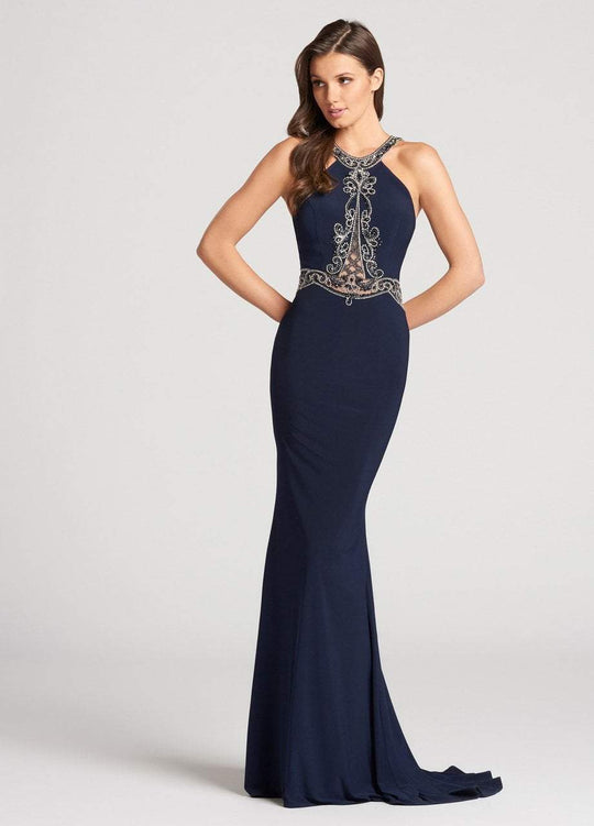 Ellie Wilde Beaded Illusion Paneled Halter Long Gown - 1 pc Navy In Size 8 Available