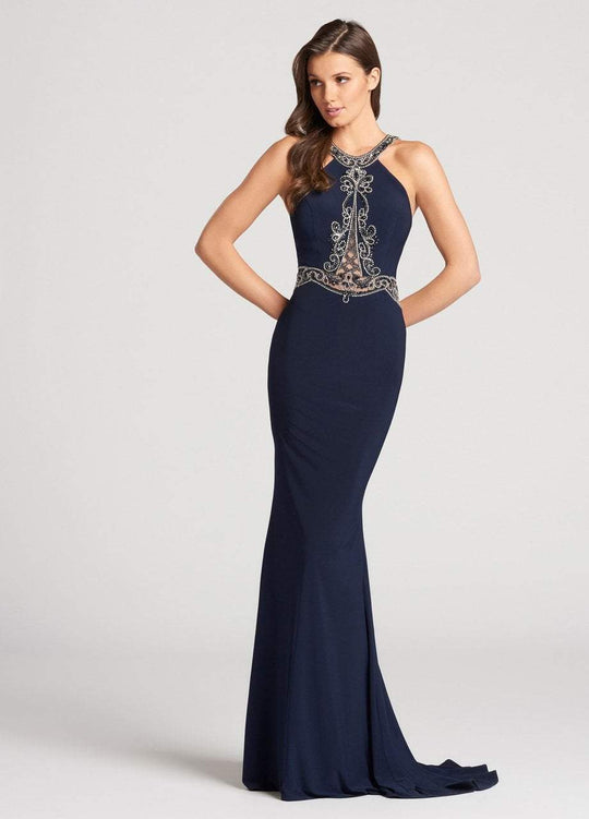 Ellie Wilde - EW118175 Ornate Illusion Paneled High Halter Gown In Blue