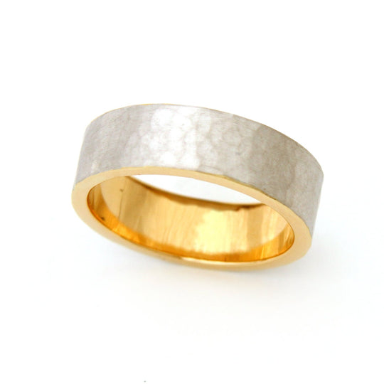 Men's Hammered Two Tone Yellow Gold Wedding Band