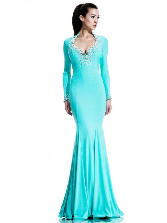 Johnathan Kayne - 576 Long Sleeve Ornate Queen Anne Dress in Blue and Green