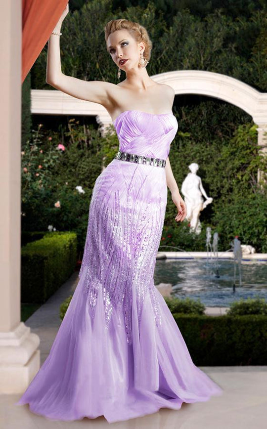 MNM Couture - 5231 Strapless Ruched Sweetheart Ornate Gown In Purple