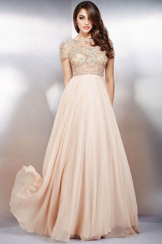 Intricate Bateau Illusion Chiffon A-Line Gown with Short Sleeves 21976