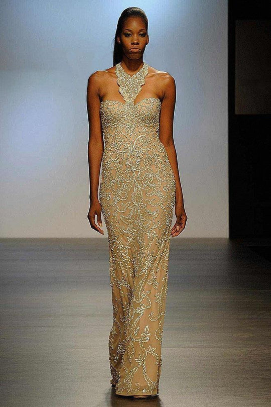 22203 Halter Neck Silver Embellished Nude Sheath Gown