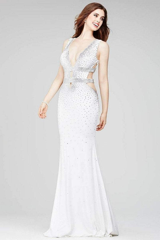 23185 Crystal Ornate Banded Plunge Cutout Jersey Gown