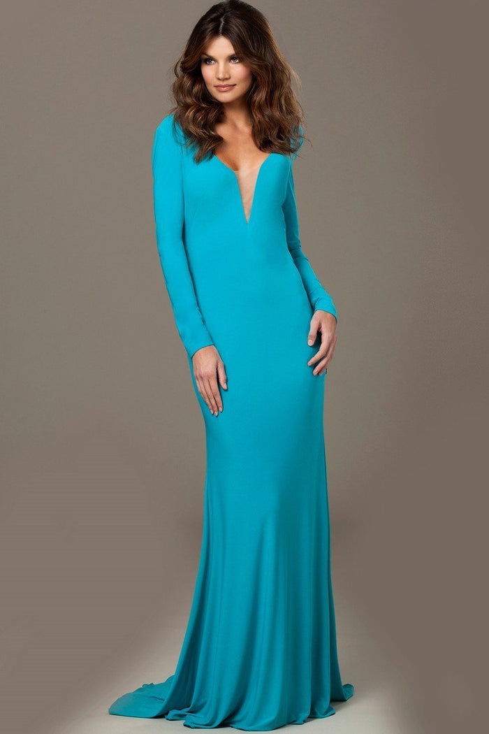 23532 Plunging Long Sleeves Fitted Dress with Back Slit