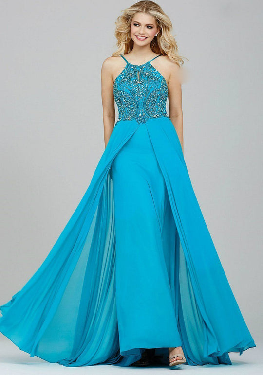 Ornate Halter Chiffon A-Line Gown with Skirt Overlay  24377