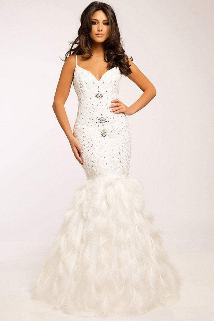 24435 Beaded V-neck Feathered Trumpet Dress
