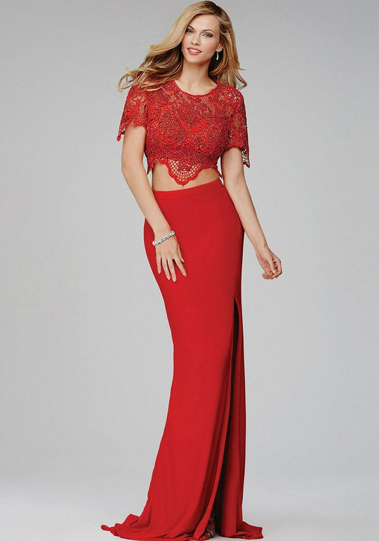 Two Piece Lace Embellished Scoop Neck Jersey Sheath Dress 28428