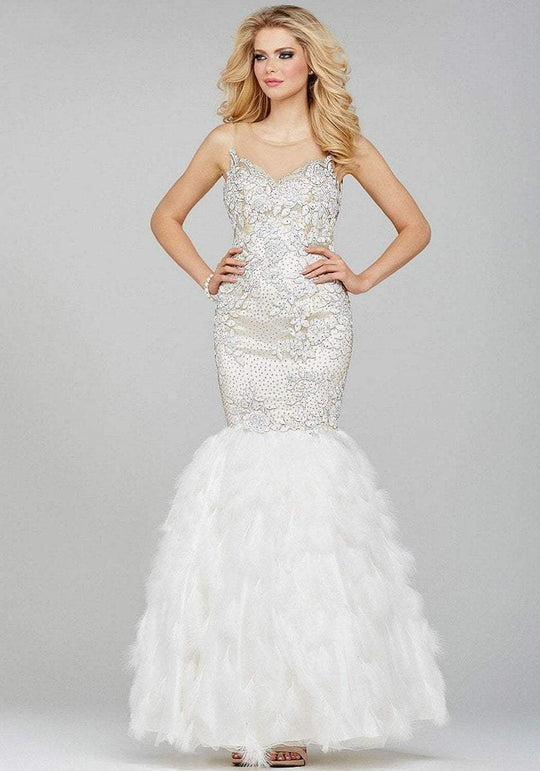 32079 Floral Fitted Feathered Mermaid Gown