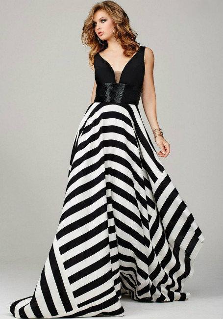 Sleeveless Evening Gown in Asymmetrical Stripe Skirt 33959