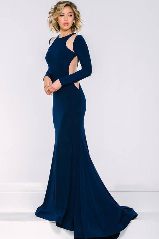 Contoured Illusion Cutout Long Sleeve Gown in Blue