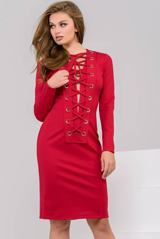 47505 Lace Up Plunging Long Sleeves Dress