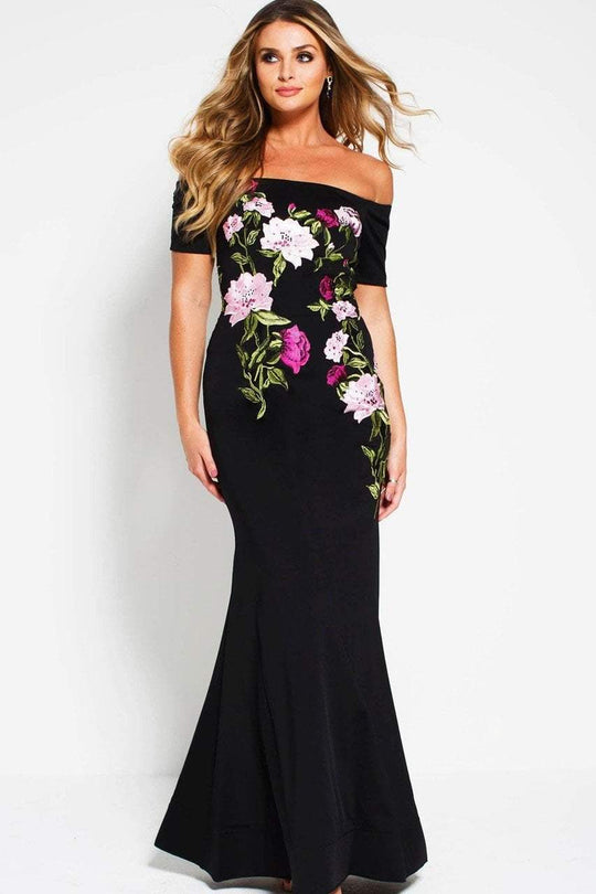 50843 Multi-Colored Floral Beaded Off-Shoulder Sheath Dress